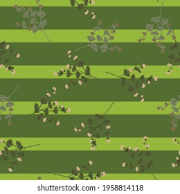 Random botanic seamless pattern with doodle wildflowers silhouettes on green striped background. Graphic design for wrapping paper and fabric textures. Vector Illustration.