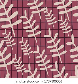 Random branches ornament seamless naive pattern. Botanic elements in light pastel tones on burgundy background with check. For wrapping paper, textile, fabric print and wallpaper. Vector illustration.