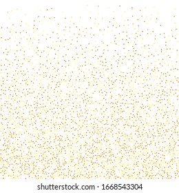 Random Bridal Backdrop. Foil Border. Vector Round Bokeh. Geometric Anniversary Backdrop. Abstract Iridescent Birthday Card. Gold Confetti on White Background. Isolated Golden Dust Particles.