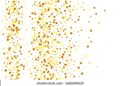 Fondo nupcial al azar. Borde de aceite. Bokeh redonda de vectores. Fondo del aniversario geométrico. Tarjeta de cumpleaños irlandés abstracta. Confetti dorado sobre fondo blanco. Partículas de polvo dorado aisladas.