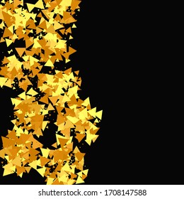 Random Bridal Backdrop. Foil Border. Abstract Iridescent Birthday Card. Geometric Anniversary Backdrop. Gold Confetti on Black Background. Isolated Golden Dust Particles. Vector Round Bokeh.
