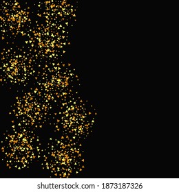 Random Bridal Backdrop. Foil Border. Abstract Iridescent Birthday Card. Geometric Anniversary Backdrop. Vector Round Bokeh. Gold Confetti on White Background. Isolated Golden Dust Particles.
