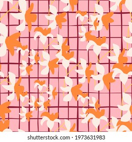 Random bright orange Hawaiian flower silhouettes, seamless pattern in doodle style. Pink chequered background. Perfect for fabric design, textile print, wrapping, cover. Vector illustration.