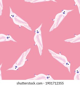 Random bright seamless exotic zoo pattern with white hand drawn cockatoo print. Pink background. Vector illustration for seasonal textile prints, fabric, banners, backdrops and wallpapers.