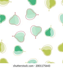 Random bright seamless pattern with abstract funny pear ornament. White background. Green and blue print. Designed for fabric design, textile print, wrapping, cover. Vector illustration.