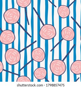 Random bright summer seamless candy pattern. Pink lollipops on white background with blue strips. Perfect for wallpaper, textile, wrapping paper, fabric print. Vector illustration.
