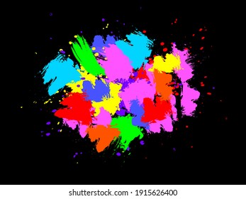 Random brush strokes with bright splashes abstract background. Intense pink splash with green watercolor and vibrant red ink. Creative blue picture and rampant vector yellow holi celebration.