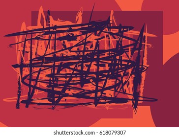 Random brushed lines red color. Vector illustration. Grunge chaotic wrapping brushstrokes. Intersect scattered painted abstract background