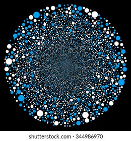 Random Bubble Sphere vector illustration. Style is blue and white bicolor flat circles, black background.