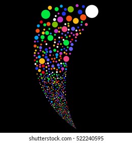 Random Bubble Stream vector image. Style is bright multicolored flat circles, black background.