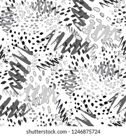 Random Camo Pattern with Irregular Watercolor Brush Strokes.  Gray Vector Seamless Camo Pattern. Hand Drawn Zigzag Lines Spots. Vibrant Brush Paint Repeat. Watercolor Organic Shapes