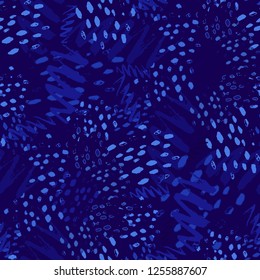 Random Camo Pattern with Irregular Watercolor Brush Strokes.  Blue Vector Seamless Camo Pattern. Hand Drawn Zigzag Lines Spots. Rhythmic Brush Paint Repeat. Watercolor Organic Shapes