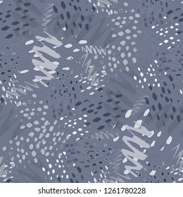 Random Camo Pattern with Irregular Watercolor Brush Strokes.  Blue Vector Seamless Camo Pattern. Hand Drawn Zigzag Lines Spots. Rhythmic Brush Paint Repeat. Watercolor Organic Shapes