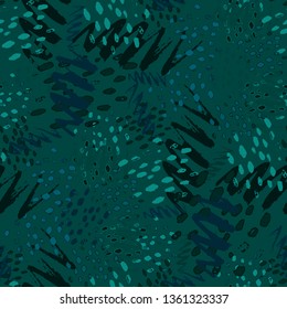Random Camo Pattern with Irregular Watercolor Brush Strokes.  Vector Seamless Camo Pattern. Hand Drawn Zigzag Lines Spots. Teal Dynamic Brush Paint Repeat. Watercolor Organic Shapes