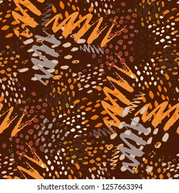 Random Camouflage Pattern With Irregular Watercolor Brush Strokes.  Vector Seamless Camouflage Pattern. Hand Drawn Chevron Lines Spots. Brown Expressive Brush Paint Repeat. Watercolor Organic Shapes
