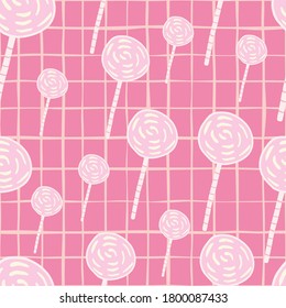 Random candy silhouettes seamless pattern. Simple doodle elements on bright pink chequered background. Perfect for wallpaper, textile, wrapping paper, fabric print. Vector illustration.