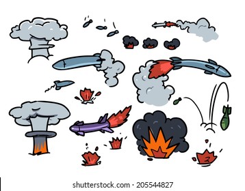 random cartoon doodle missiles and explosions