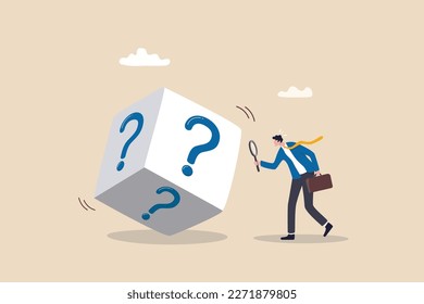 Random or chance to win, gamble, risk management or analyze opportunity, prediction or forecast future, unknown or uncertain concept, businessman with magnifying glass analyze dice with question mark.