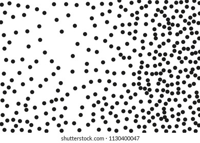 Random, chaotic black polka dot on white background. Vector illustration. Minimalistic style.