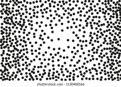 Random, chaotic black polka dot on white background. Vector illustration. Minimalistic style.