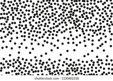 Random, chaotic black polka dot on white background. Vector illustration. Minimalistic style.