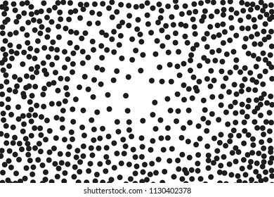 Random, chaotic black polka dot on white background. Vector illustration. Minimalistic style.