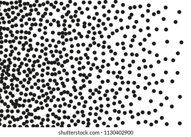 Random, chaotic black polka dot on white background. Vector illustration. Minimalistic style.