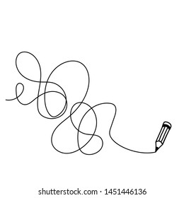 Random chaotic line drawn in pencil. Hand drawing insane tangled scribble clew. Vector illustration isolated on white background.