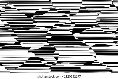 Líneas caóticas al azar Resumen Textura de patrón geométrico, Ilustración de arte contemporáneo con líneas rayadas blancas negras, onduladas, efectos de distorsión curvada, plegado, líneas retorcidas