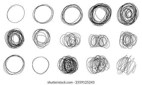 Random chaotic lines, tangled grunge round scribble, hand drawing insane tangled scribble