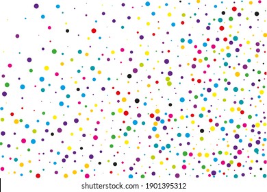 Random, chaotic polka dots. Bright background for invitations to a party, wedding, postcards, wallpapers for your phone. Festival pattern with colored round glitter, confetti. Vector illustration.