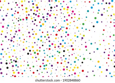Random, chaotic polka dots. Bright background for invitations to a party, wedding, postcards, wallpapers for your phone. Festival pattern with colored round glitter, confetti. Vector illustration.
