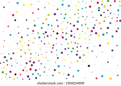 Random, chaotic polka dots. Bright background for invitations to a party, wedding, postcards, wallpapers for your phone. Festival pattern with colored round glitter, confetti. Vector illustration.