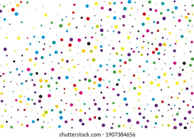 Random, chaotic polka dots. Bright background for invitations to a party, wedding, postcards, wallpapers for your phone. Festival pattern with coloured round glitter, confetti. Vector illustration.