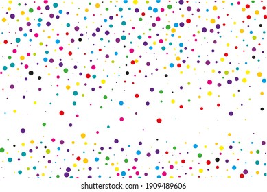 Random, chaotic polka dots. Bright background for invitations to a party, wedding, postcards, wallpapers for your phone. Festival pattern with colored round glitter, confetti. Vector illustration.