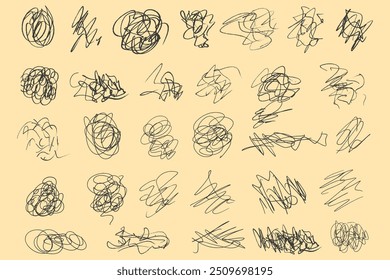 Random chaotic scribble lines collection on yellow background