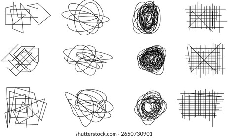 Random chaotic scribble lines collection pencil art set. Abstract random line scribble vector elements including various messy and random lines for design,
