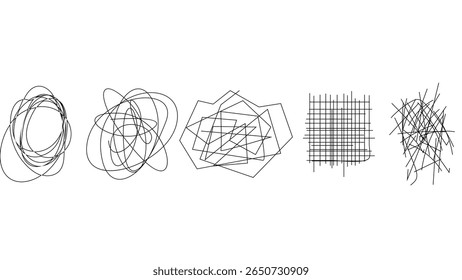 Random chaotic scribble lines collection pencil art set. Abstract random line scribble vector elements including various messy and random lines for design,
