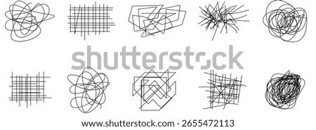 Random chaotic scribble lines collection pencil art set. Abstract random line scribble vector elements including various messy and random lines for design,	

