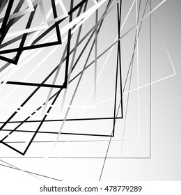 Random chaotic squares abstract geometric element. Monochrome geometric art.