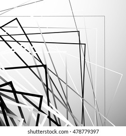 Random chaotic squares abstract geometric element. Monochrome geometric art.