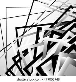 Random chaotic squares abstract geometric element. Monochrome geometric art.