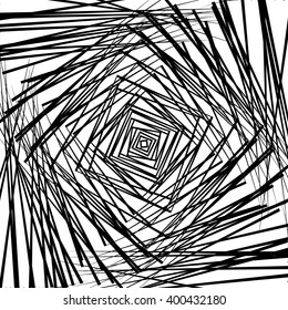 Random chaotic squares. Rotating intersecting squares abstract monochrome texture, pattern. Angular, edgy spiral, vortex background.