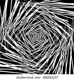 Random chaotic squares. Rotating intersecting squares abstract monochrome texture, pattern. Angular, edgy spiral, vortex background.