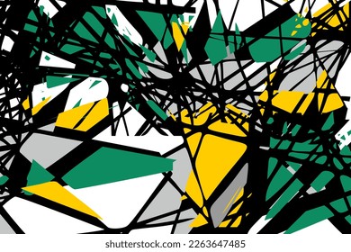 Zufällige chaotische, gerade schwarze Linien. Abstraktes geometrisches Muster. Graue, grüne, gelbe Fragmente einer komplexen Struktur. Zeitgenössische Kunst. Ein direkter Schnittpunkt von Schnittlinien.