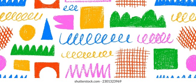 Random childish colored pencil shapes and scribbles seamless pattern. Charcoal geometric figures ornament. Colorful childish freehand scratches and hand drawn crayon shapes background. Doodle objects.