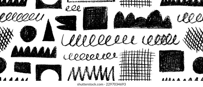 Random childish pencil drawn shapes and scribbles seamless pattern. Charcoal geometric shapes ornament. Childish freehand scratches and hand drawn crayon shapes background. Doodle objects.