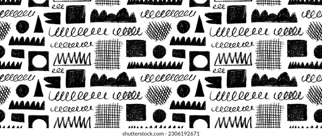 Random childish pencil drawn shapes and scribbles seamless pattern. Charcoal geometric shapes ornament. Childish freehand scratches and hand drawn crayon shapes background. Doodle objects.