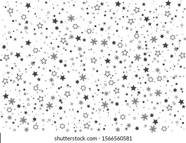 Random christmas decoration texture for background. Black falling stars and snowflakes isolated on white.