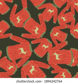 Random christmas seamless pattern with red sweater print on dark olive green background. Flat vector print for textile, fabric, giftwrap, wallpapers. Endless illustration.